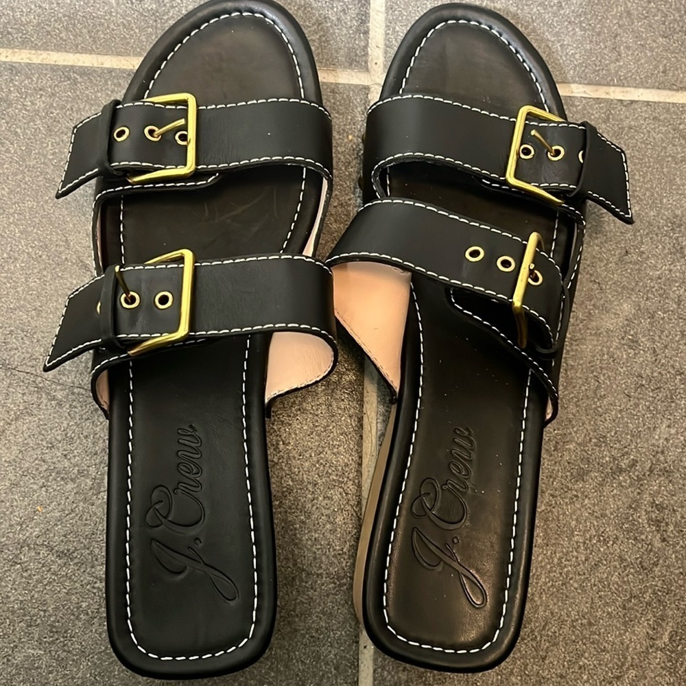 J. Crew Women’s Leather Double Buckle-Strap Sandals Sz 11 comfy vacation chunky - Picture 2 of 7